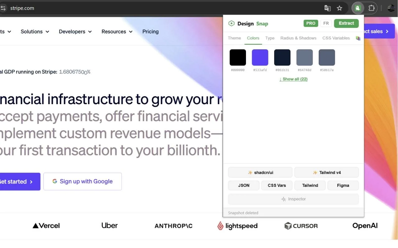 Popup Design Snap sur stripe.com, onglet Couleurs : swatches extraits avec valeurs hex, classés par usage