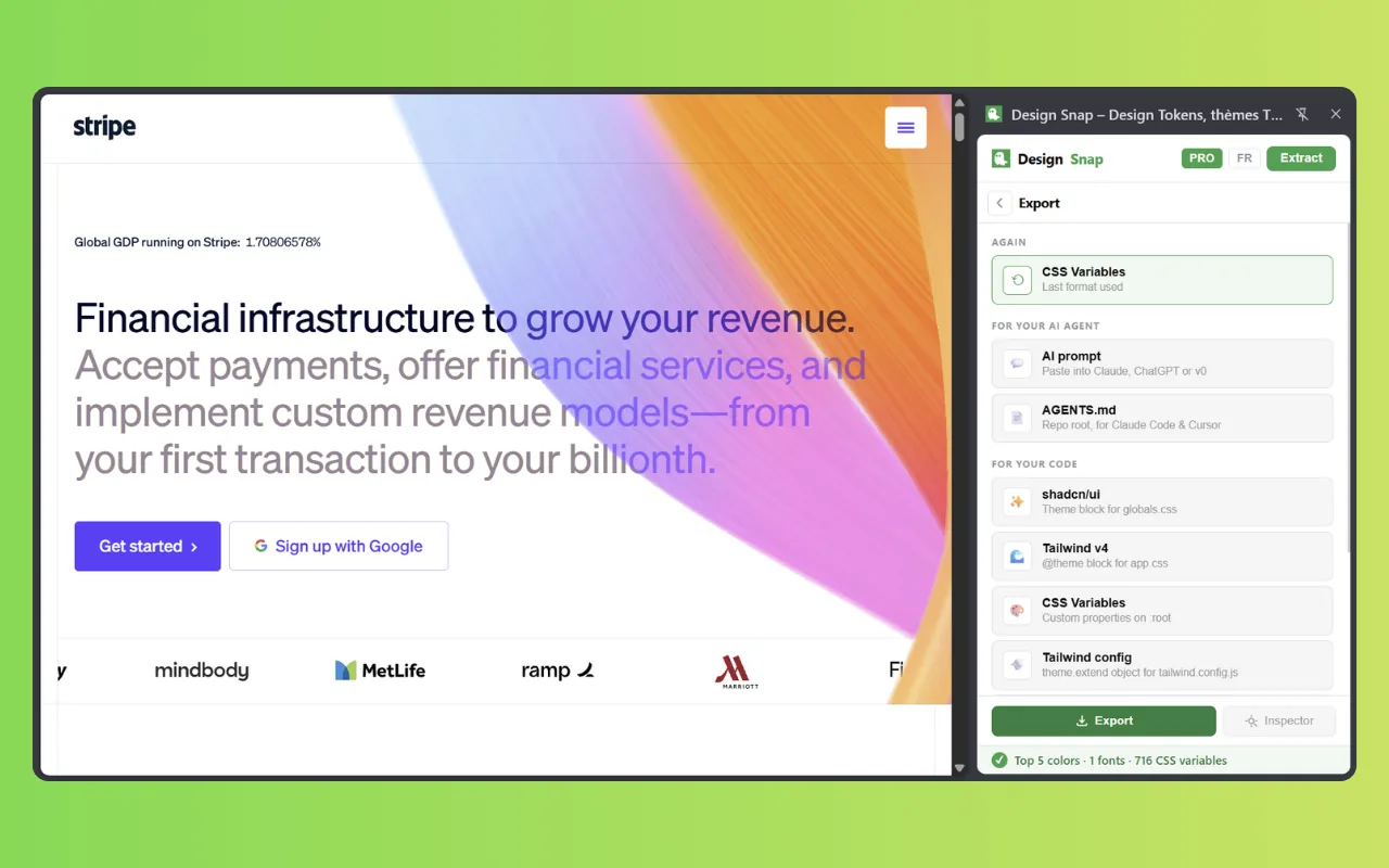 Design Snap export menu listing the available formats: AI prompt, AGENTS.md, shadcn/ui theme block, Tailwind v4 @theme, CSS variables and Tailwind config