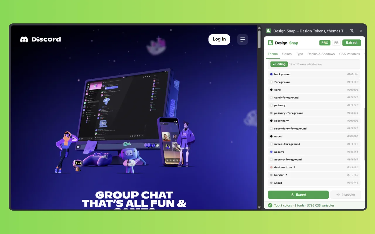 Design Snap live edit on discord.com: each shadcn/ui color role — background, foreground, primary, secondary, muted, accent — with its hex value, editable on the page