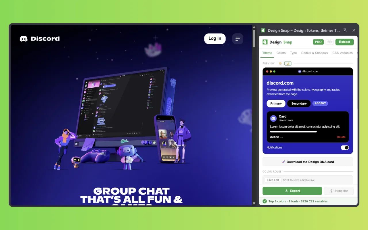 Design Snap docked in Chrome's side panel beside discord.com, keeping the extracted theme and tokens in view while you browse